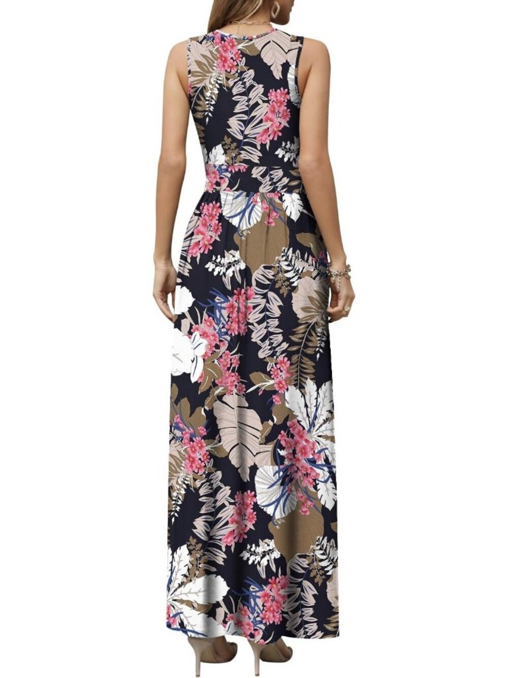 Women's Leaf Pink Flower Sleeveless Summer Casual Formal Long Pockets Maxi Dress - Picture 4 of 6